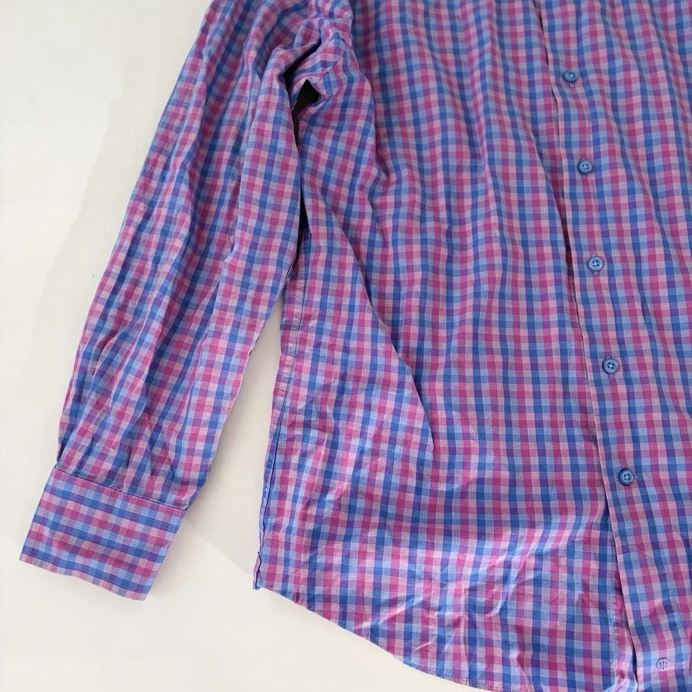David Donahue Shirt Mens 16 Large Gingham‎ Check Button Up Fusion Cotton Career